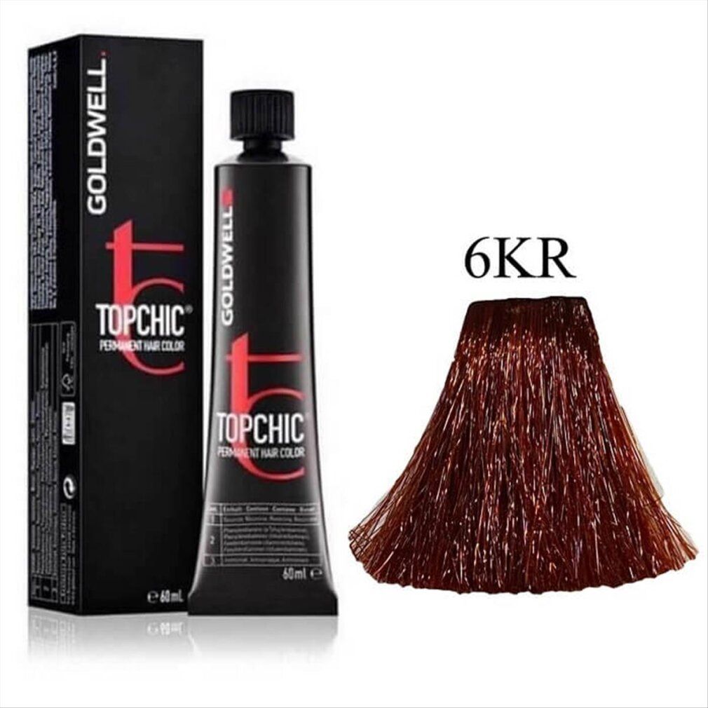 Confezione e tubo di tinta per capelli. Goldwell Topchic, 6KR. Confezione nera, tubo con testo rosso. Campione colore.