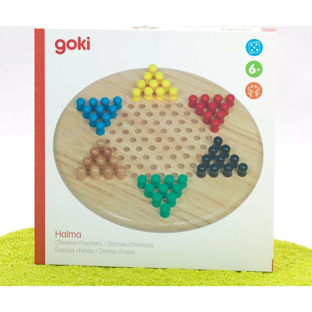 Confezione di goki Halma xl. Tavola da gioco in legno con pedine colorate. Pedine gialle, blu, verdi, rosse, nere e naturali.
