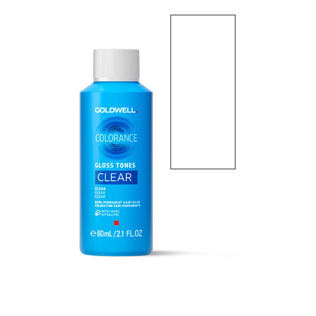 Flacone blu e bianco con Colorance Gloss Tones Clear. Testo: Goldwell, colorazione semi-permanente.