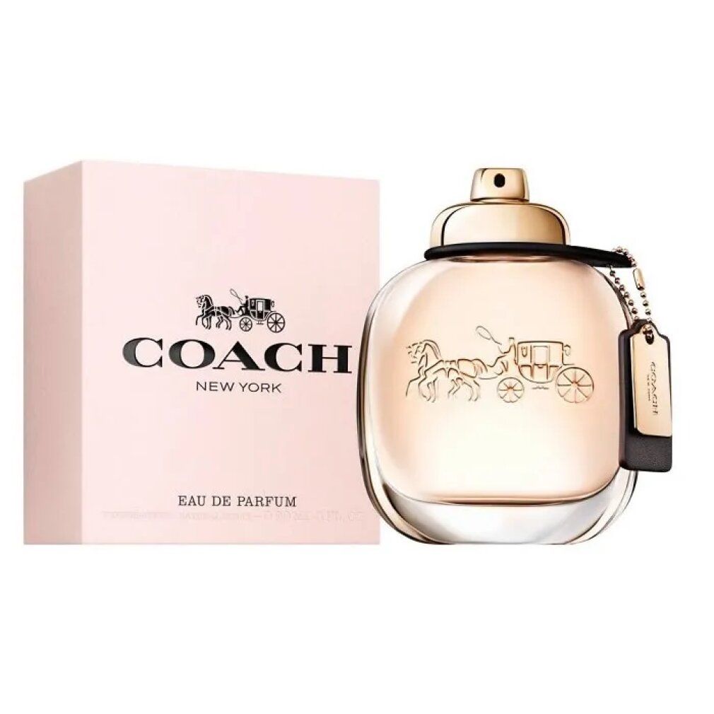 Flacone Coach New York Eau de Parfum con scatola abbinata. Il flacone presenta il logo della carrozza Coach.