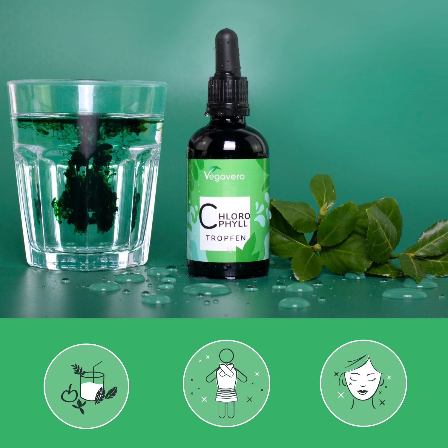 Bicchiere d'acqua con liquido verde, flacone Chlorophyll Tropfen, foglie verdi. Tre icone: frullato, persona, viso.