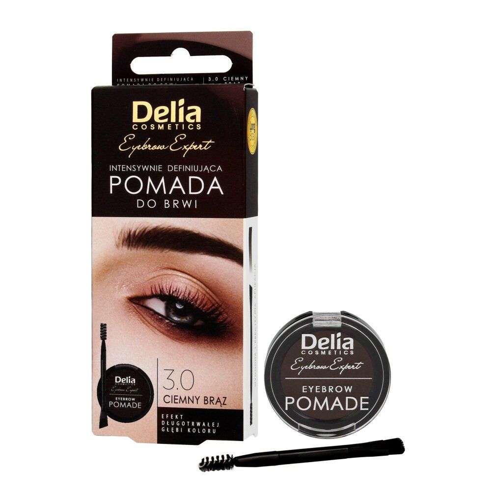 Pomata per sopracciglia marrone scuro e spazzola. Marchio: Delia Cosmetics. Testo: Eyebrow Pomade, 3.0 Ciemny Braz.