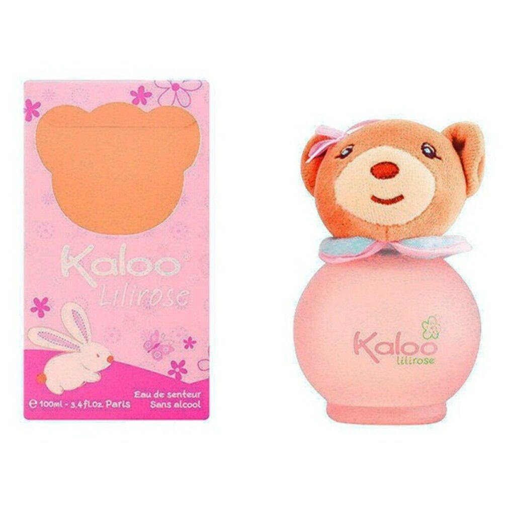 Flacone rosa con testa di orsetto e confezione. Scritta: Kaloo Lilirose. Confezione con sagoma orsetto e coniglio.