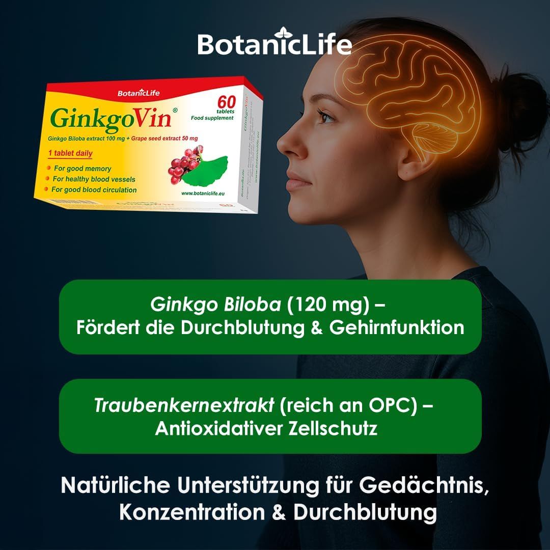 Confezione di GinkgoVin BotanicLife. Contiene 60 compresse. Ingredienti: Ginkgo Biloba, estratto di semi d'uva. Donna con cervello stilizzato.