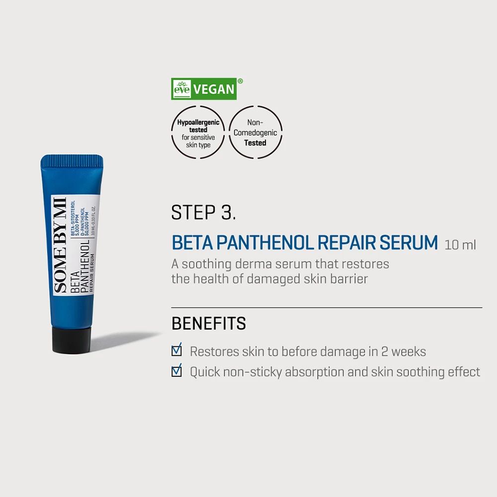 Tubo blu con tappo nero. Scritta: Beta Panthenol Repair Serum. Sigillo vegano.