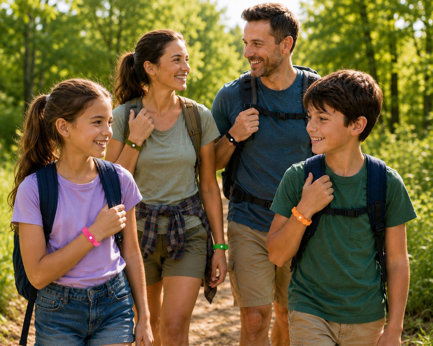 Famiglia in escursione, bambini e adulti indossano braccialetti colorati.