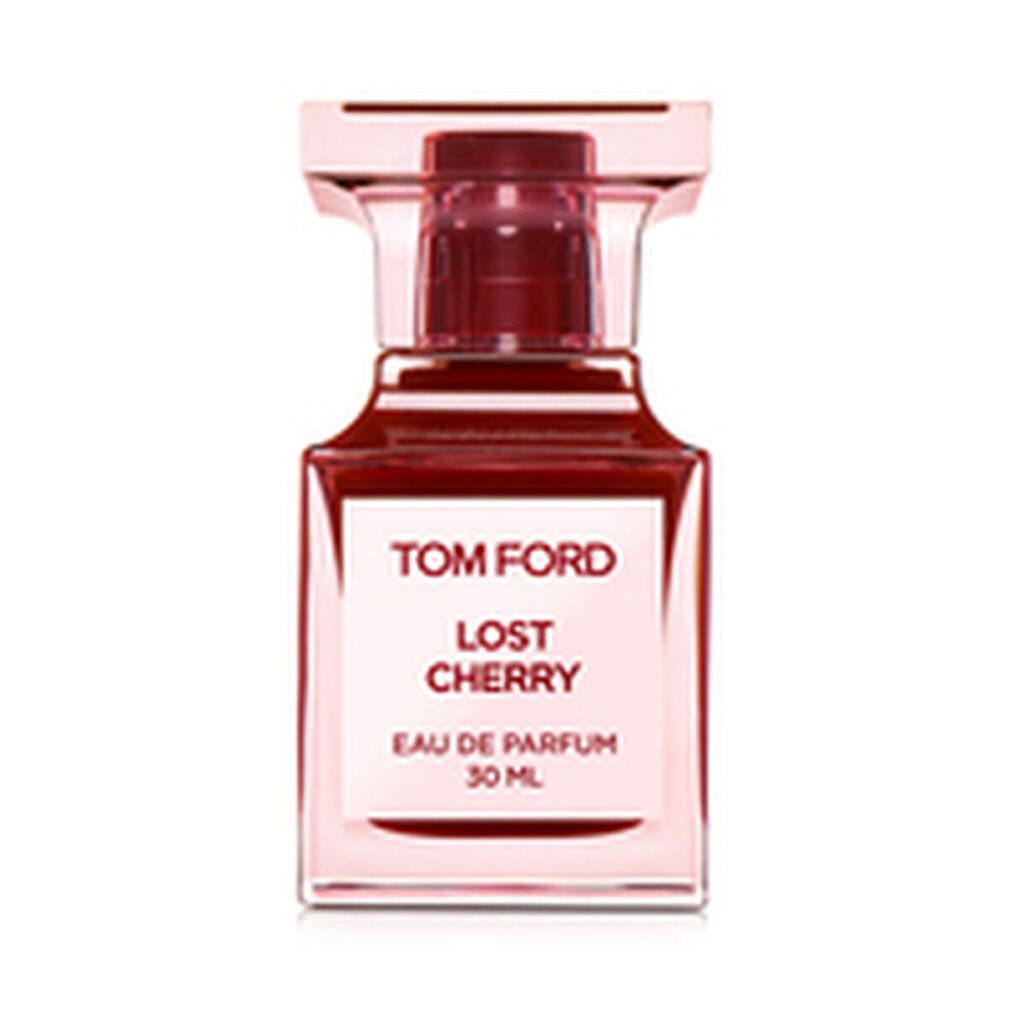 Flacone di profumo. Flacone quadrato rosso con tappo rosa. Etichetta bianca con testo: Tom Ford, Lost Cherry, Eau de Parfum, 30 ml.