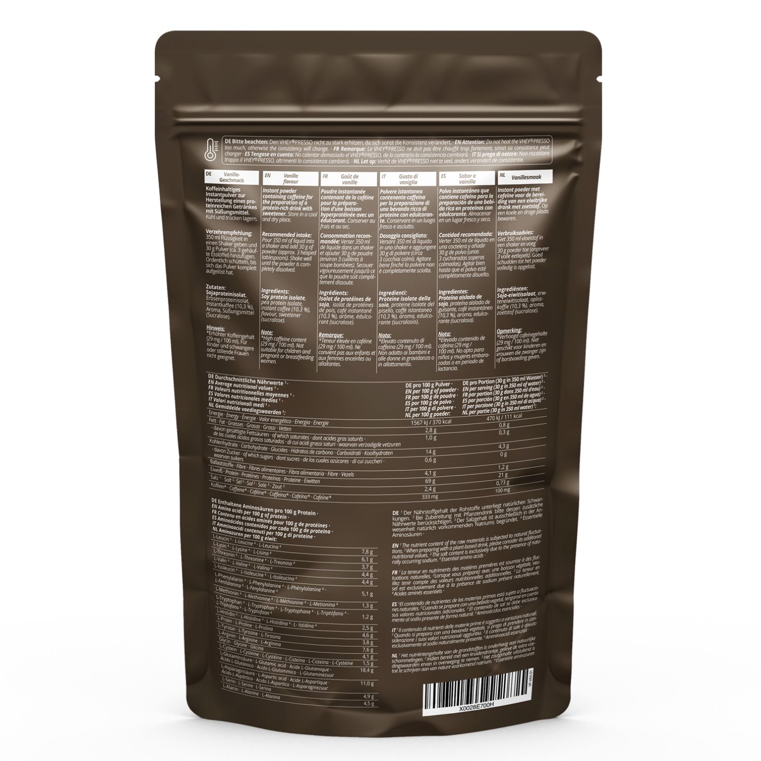 Retro di una busta marrone. Testo in più lingue con informazioni nutrizionali, ingredienti e informazioni sul produttore.