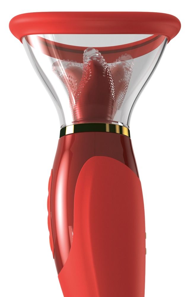 Dispositivo rosso con collare trasparente e inserto rosso testurizzato. Anello dorato separa le parti.