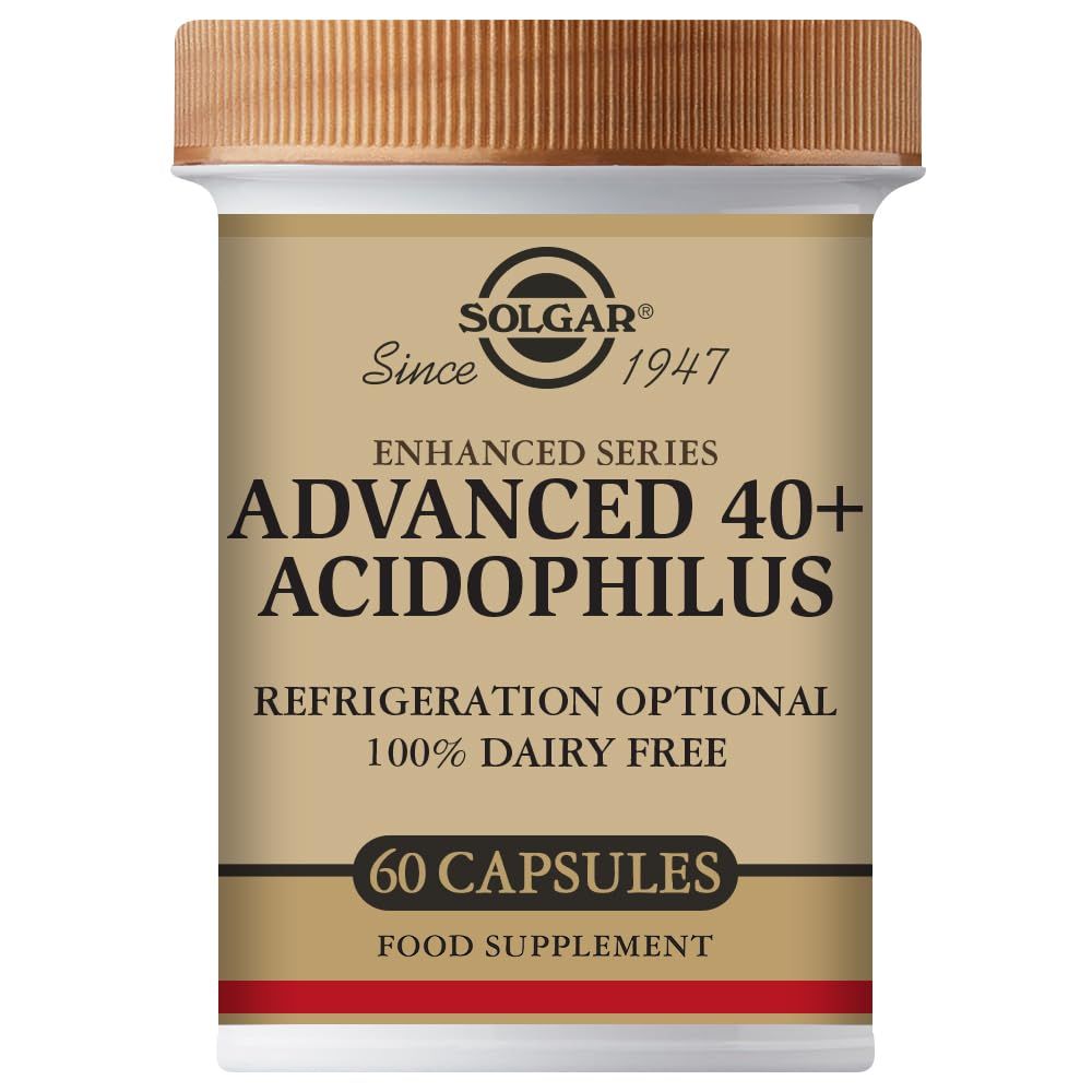 Contenitore SOLGAR Advanced 40+ Acidophilus. Scritta: 60 capsule, 100% senza latticini. Coperchio ed etichetta dorati.