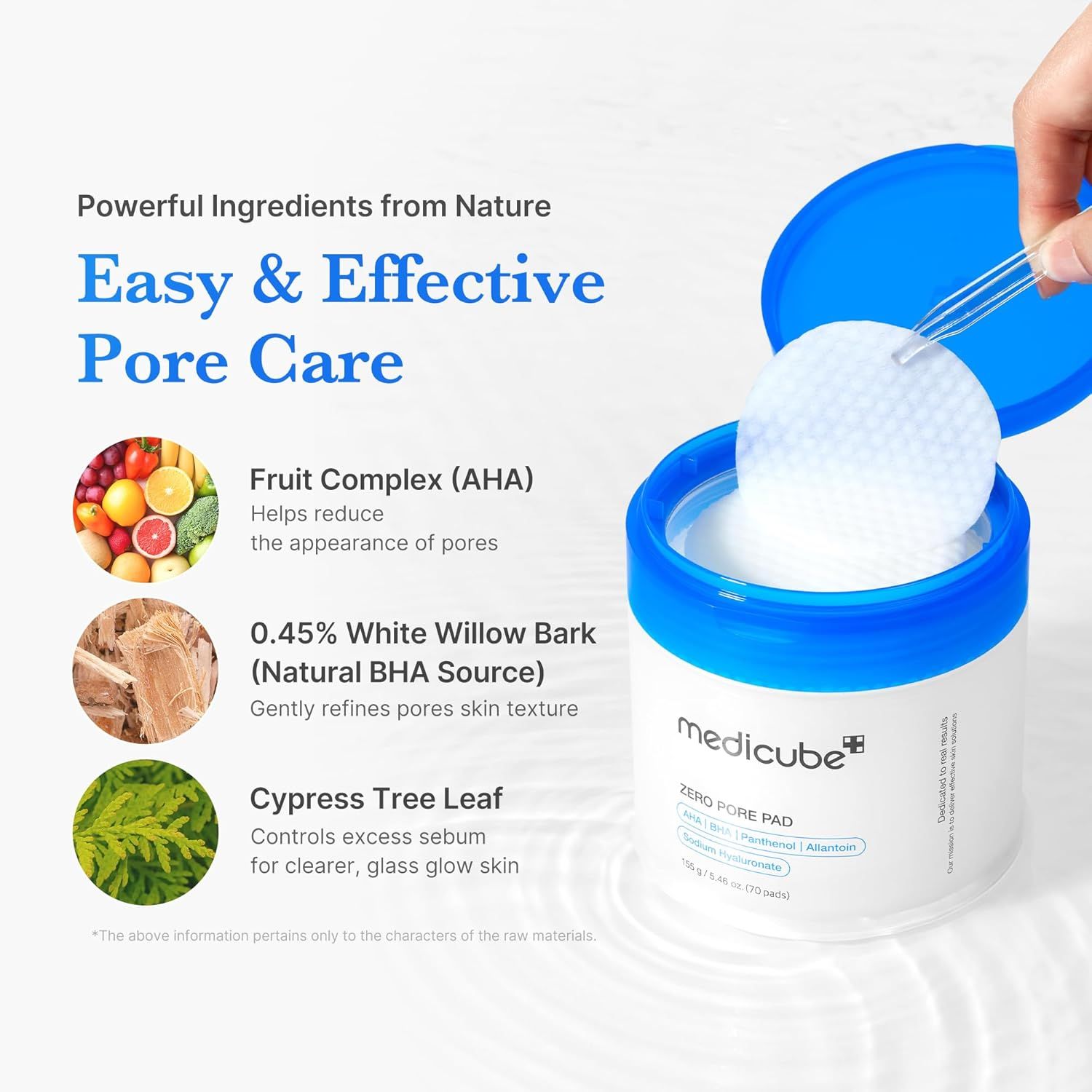 Contenitore con pads, coperchio blu aperto. Scritte: medicube, ZERO PORE PAD. Illustrazioni di ingredienti e testo.