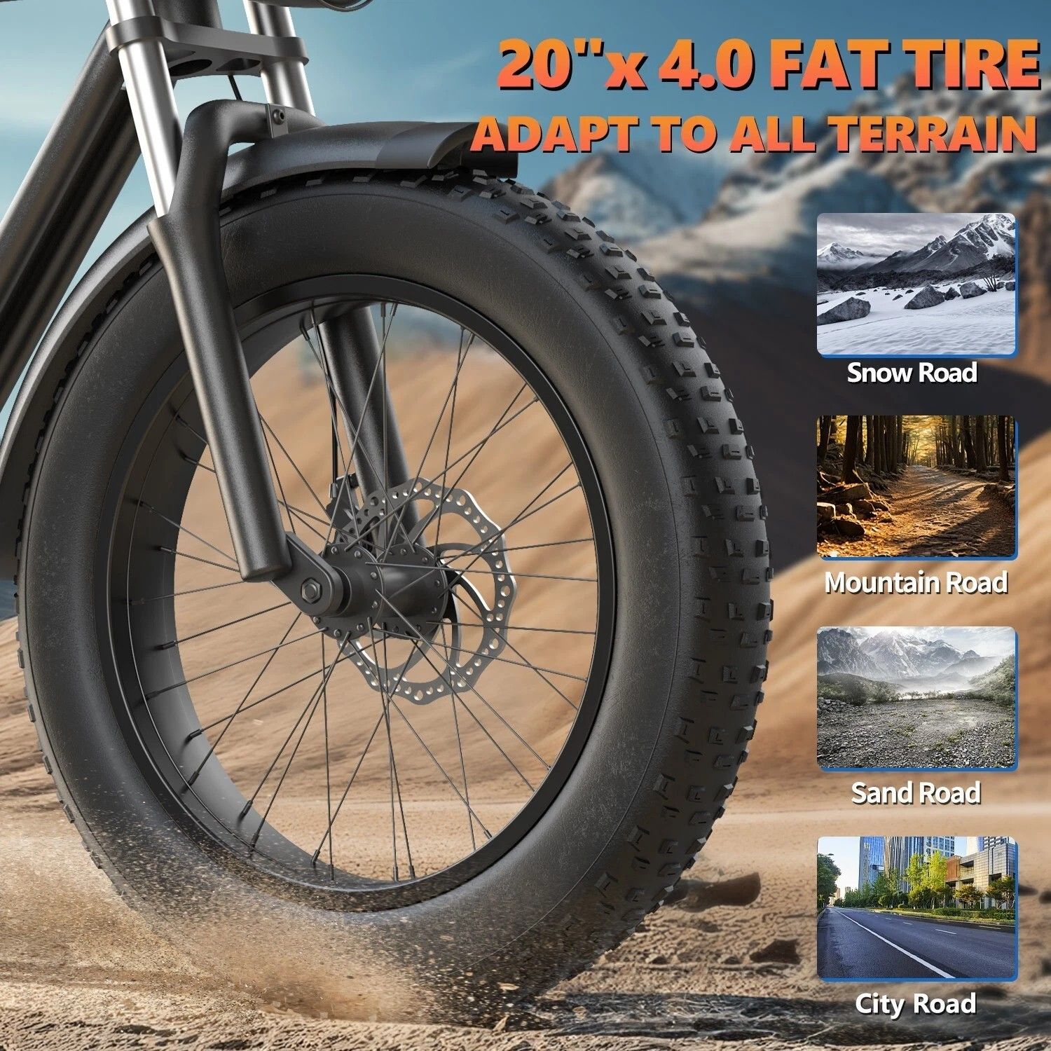 Primo piano della ruota anteriore di una e-bike. Pneumatico largo. Testo: 20" x 4.0 FAT TIRE. Illustrazioni: neve, montagna, sabbia, città.