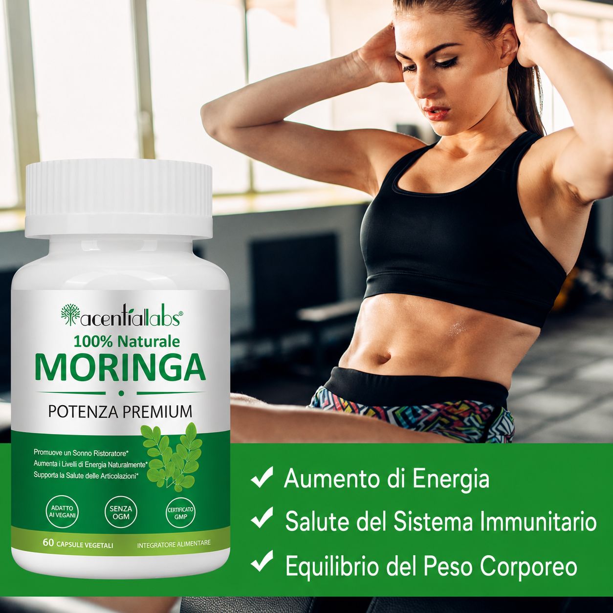 Capsule Zoxpm Moringa: Flacone davanti a una donna che si allena, con benefici come aumento di energia ed equilibrio del peso.