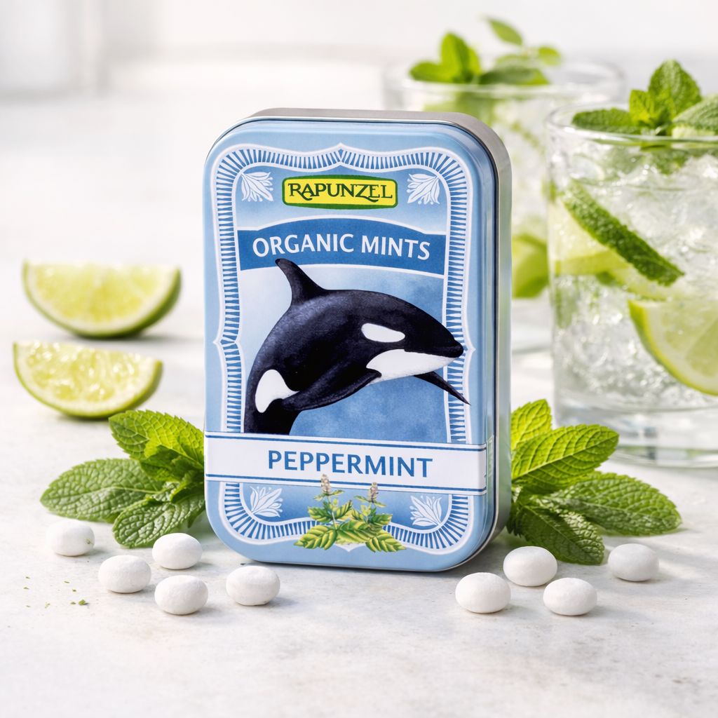 Caramelle biologiche Rapunzel alla menta, gusto menta piperita, con orca, menta e lime.
