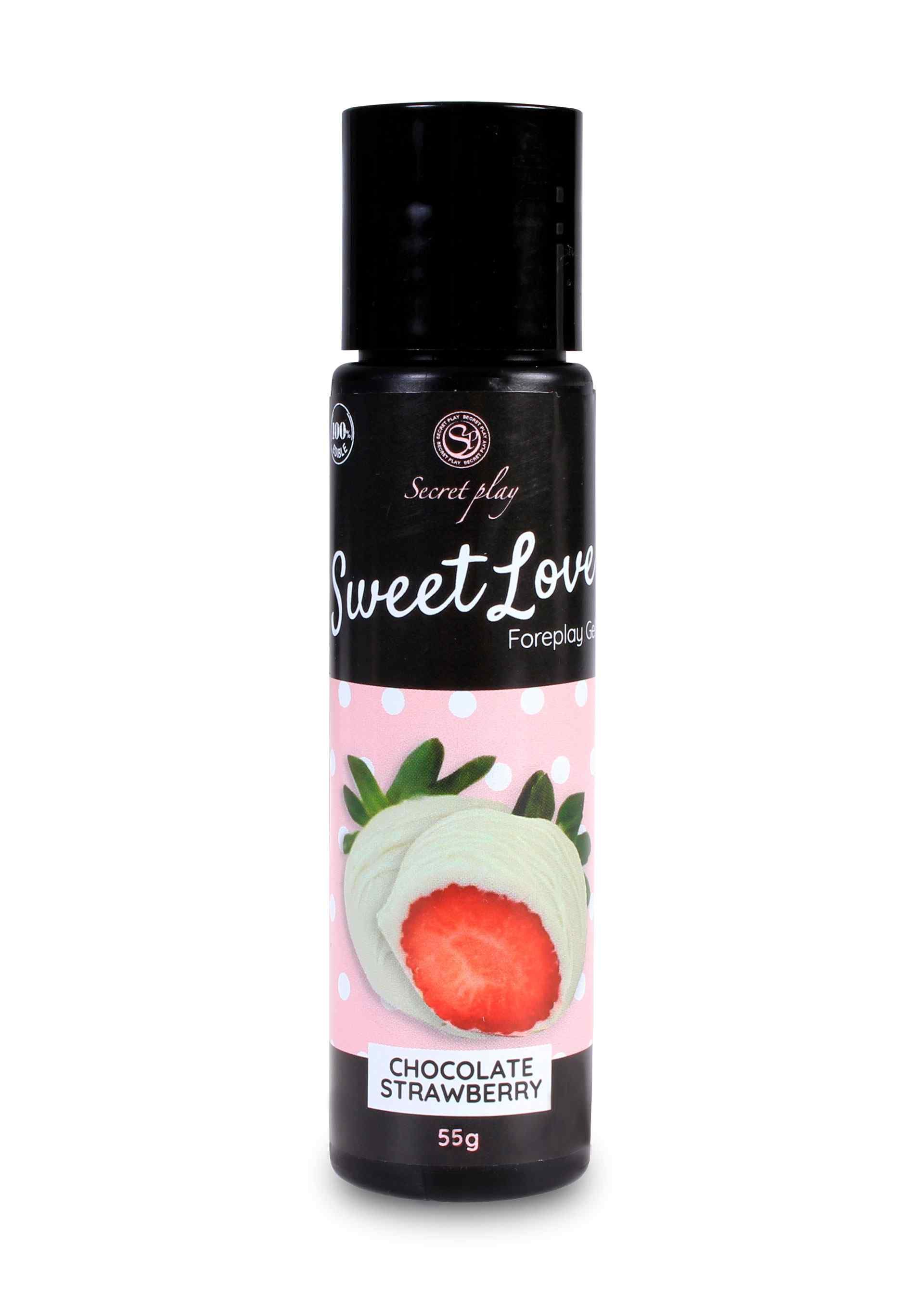 Flacone nero con etichetta. Scritta: Sweet Love, fragola ricoperta di cioccolato. 55g.