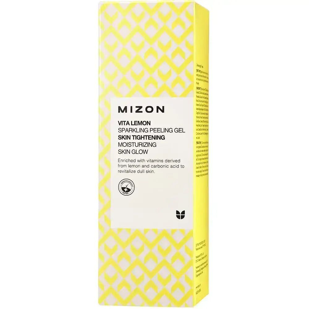 Confezione di gel con motivo giallo e informazioni sul prodotto. MIZON Vita Lemon Sparkling Peeling Gel. Testo sulla confezione.