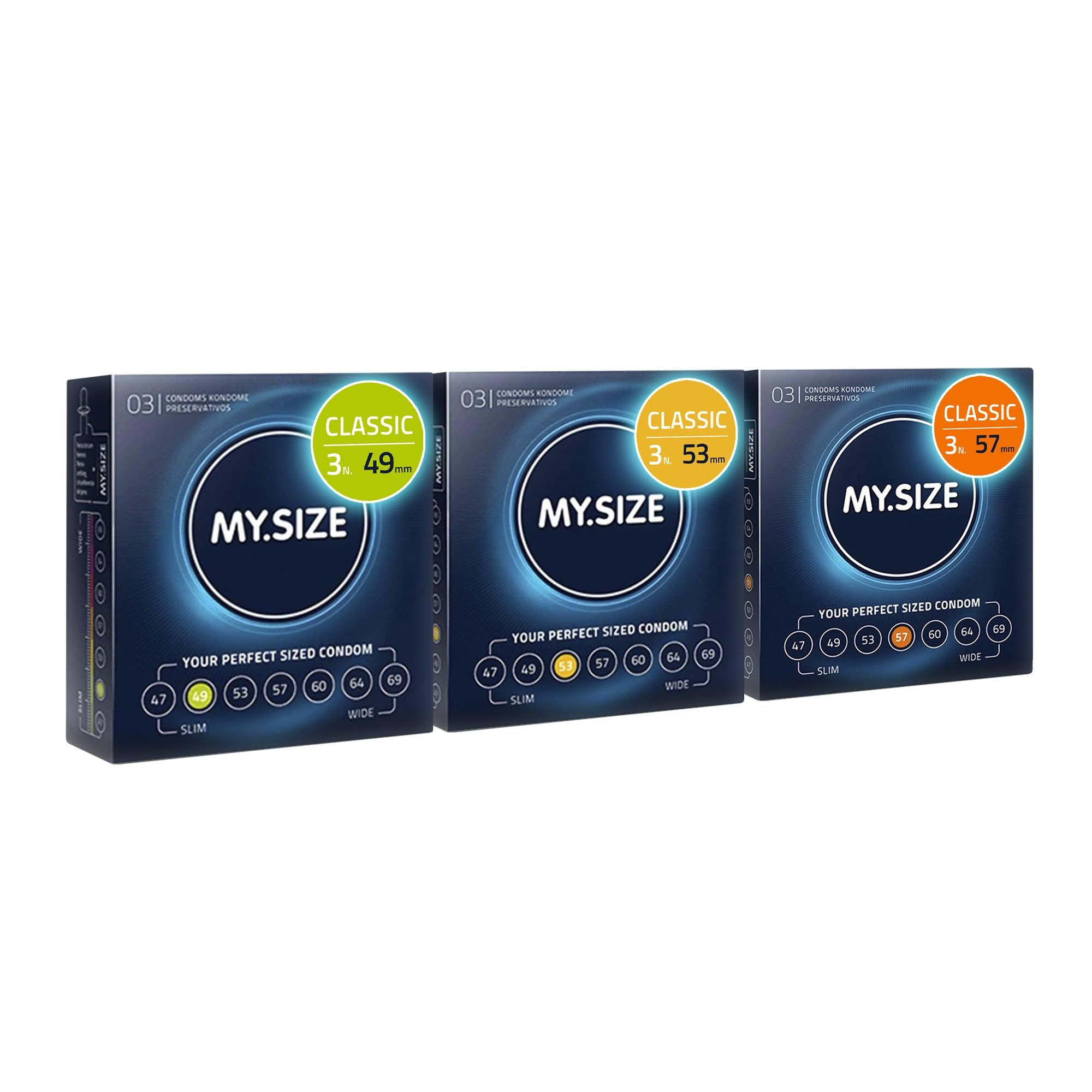 Coppia che si bacia, circondata da confezioni di preservativi MY.SIZE. Misure 49, 53, 57mm.