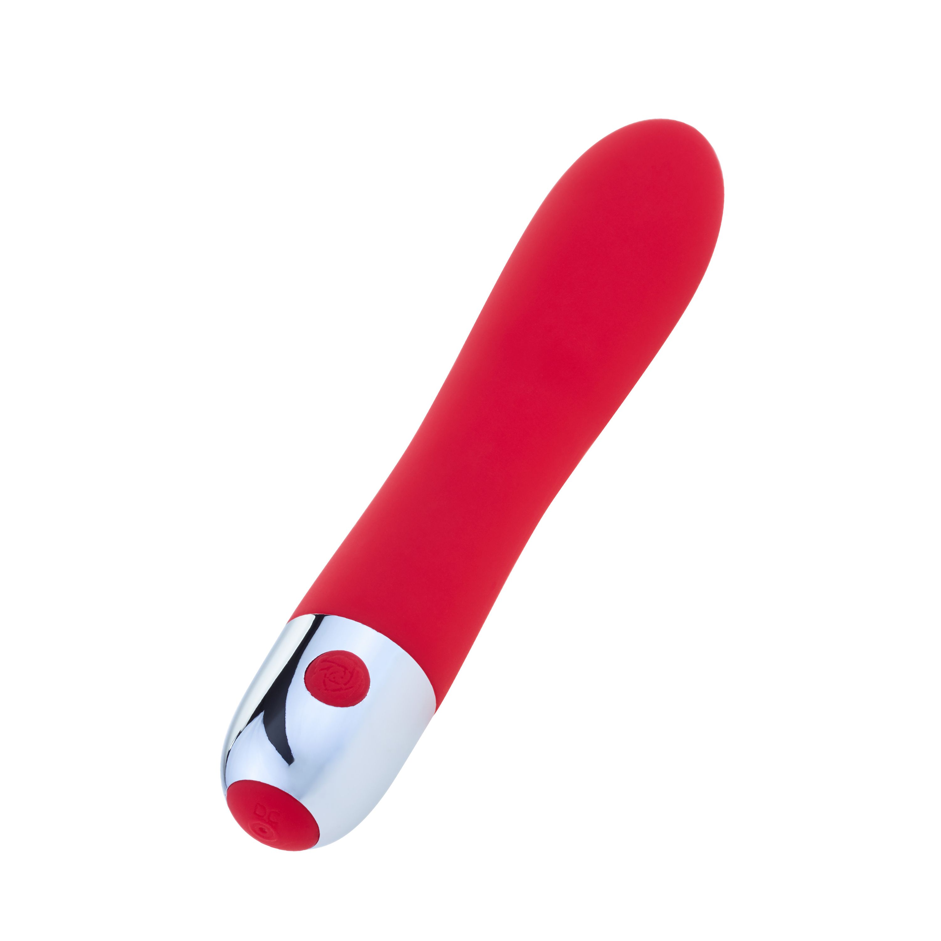 Vibratore rosso con estremità argentata e pulsante. In silicone.