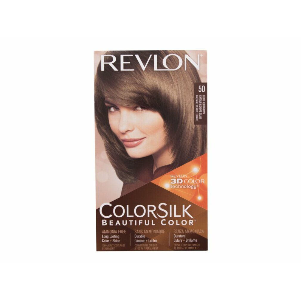 Confezione Revlon Colorsilk 50 Light Ash Brown. Donna, nome prodotto, numero colore e logo. Tecnologia 3D Color Gel.
