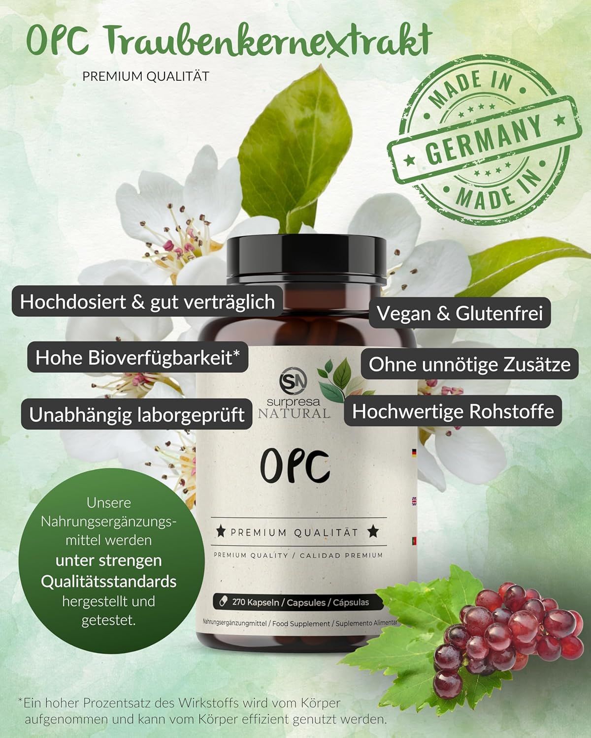 Flacone 'OPC' con testo: 'Made in Germany'. Testo: '270 Kapseln'.