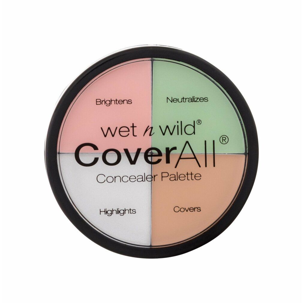 Palette correttiva Wet n Wild CoverAll rotonda nera. Quattro sezioni colorate: rosa, verde, bianco e pesca. Testo: Illumina, Neutralizza, Evidenzia, Copre.