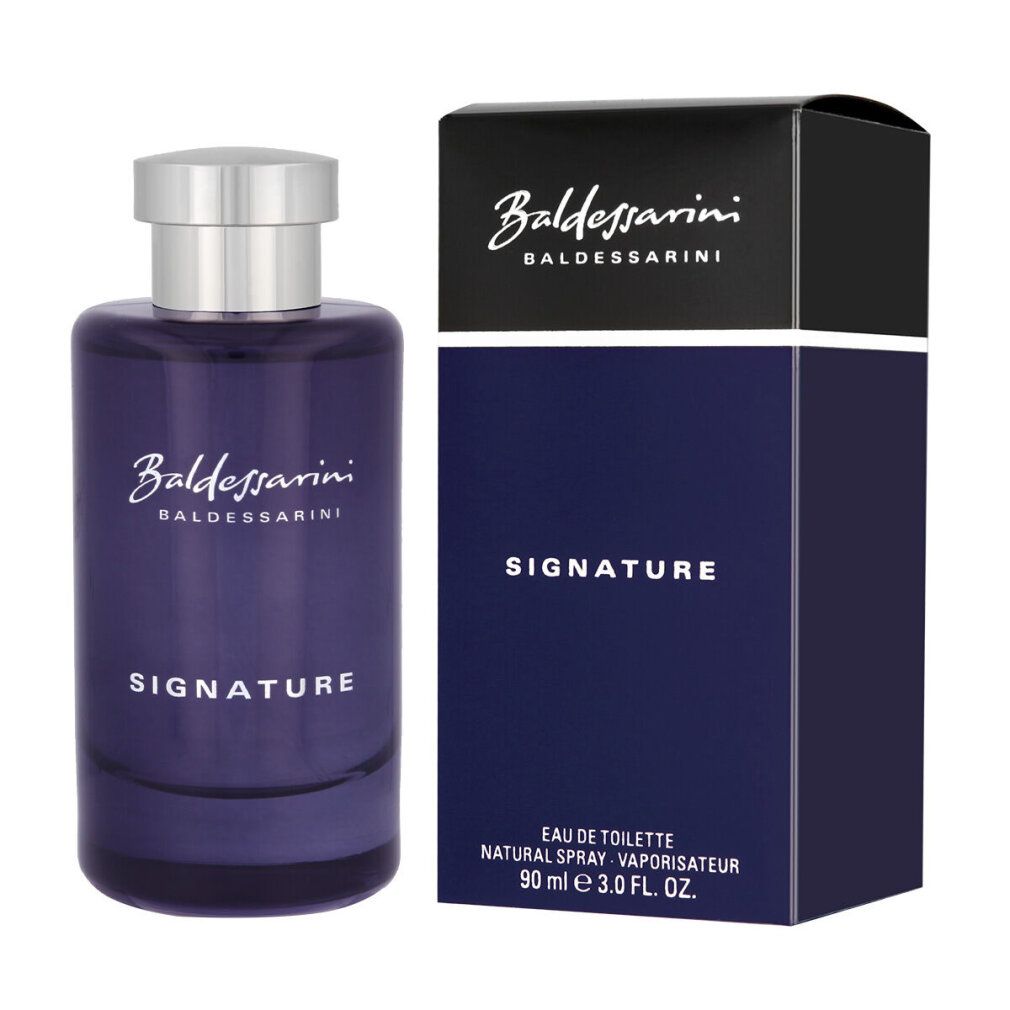 Baldessarini Signature Edt Spray e confezione. Blu e nero. Tappo argentato. Scritta: Baldessarini, Signature.