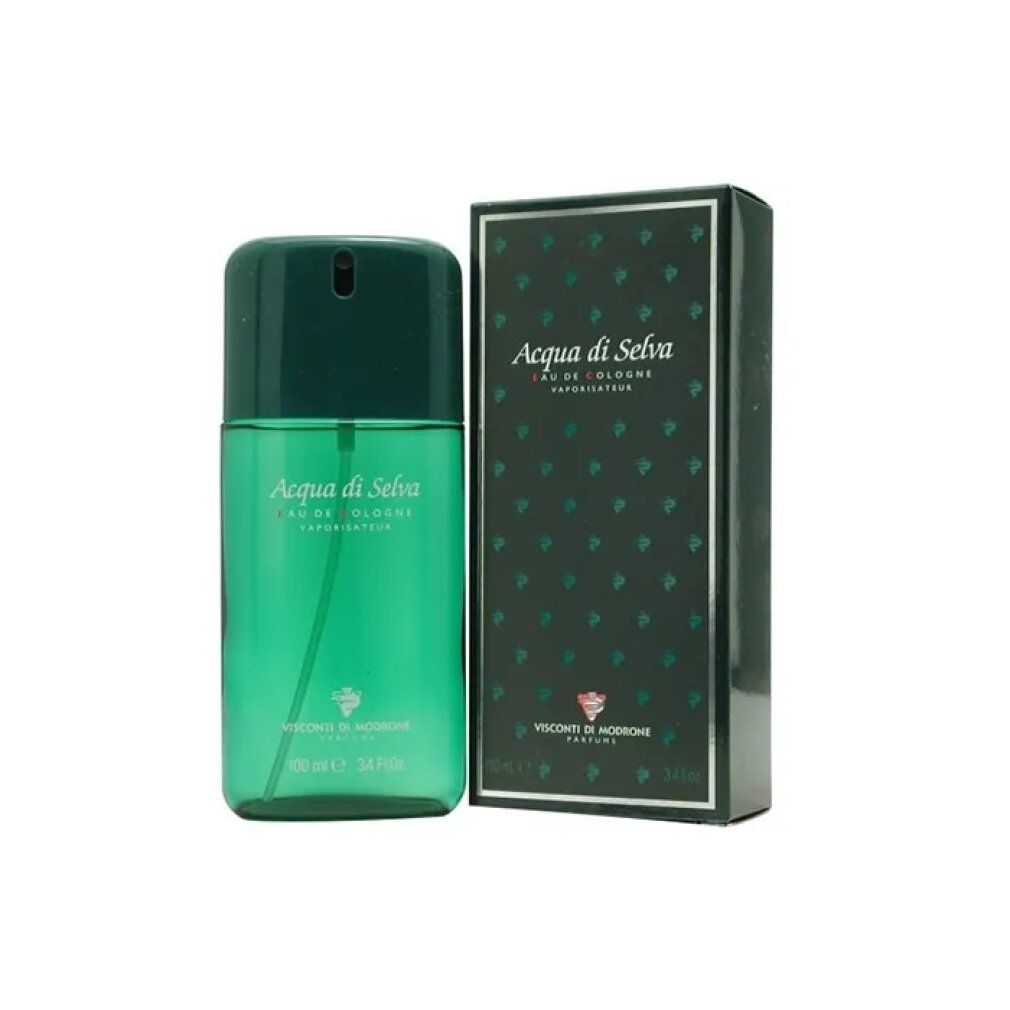 Flacone verde e scatola. Scritta: Acqua di Selva, Eau de Cologne, Vaporisateur. Scatola verde con motivo.