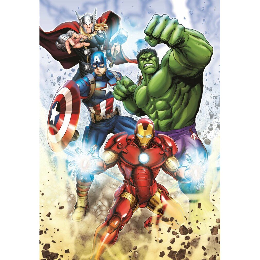 Puzzle con i personaggi degli Avengers: Thor, Capitan America, Hulk e Iron Man. Sfondo blu e bianco.