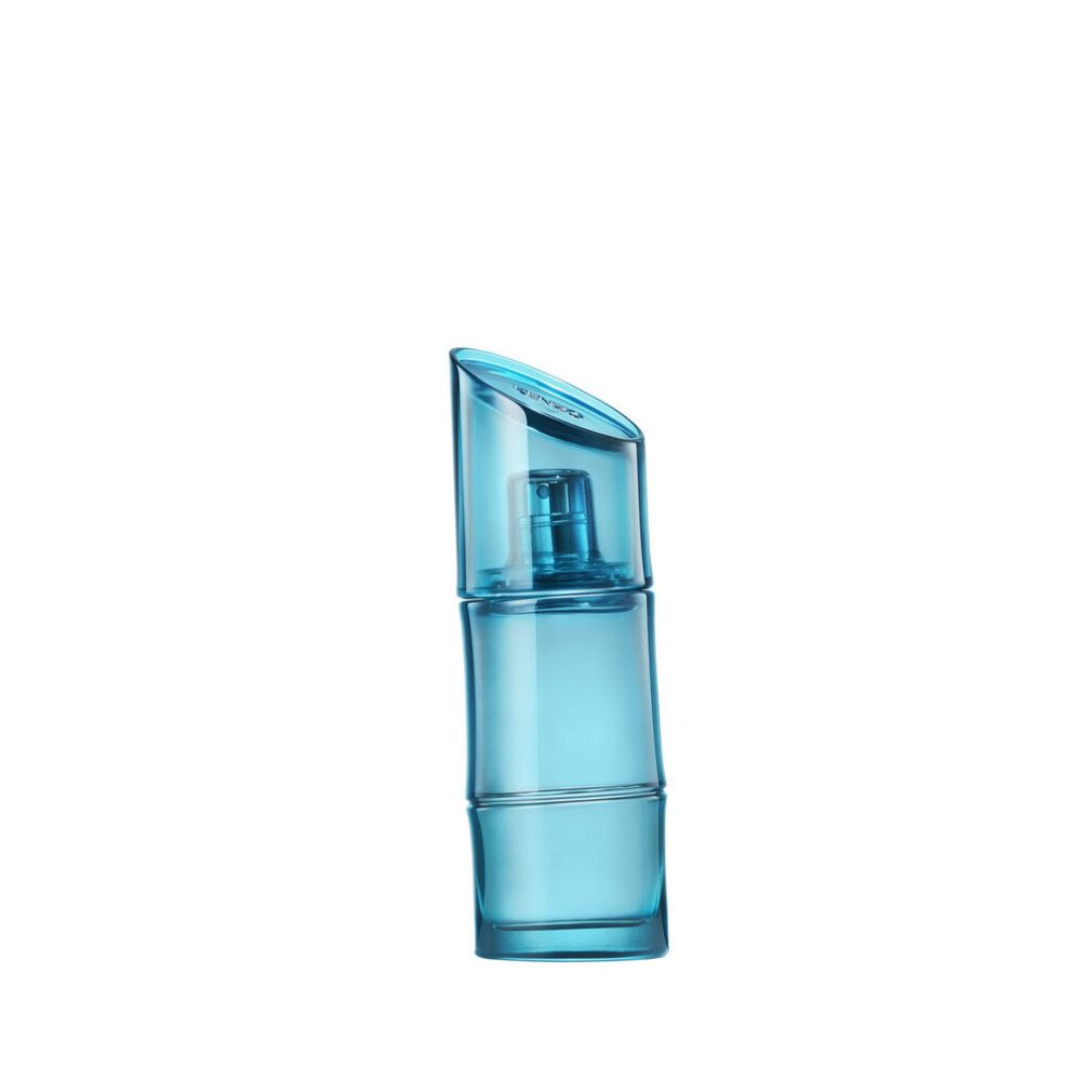 Flacone blu di KENZO HOMME Eau de Toilette Marine, cilindrico, con tappo obliquo, su sfondo bianco.