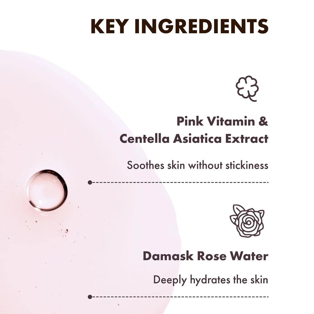 Liquido rosa con testo: Pink Vitamin & Centella Asiatica Extract, Damask Rose Water.