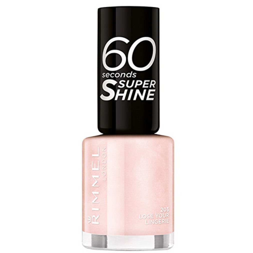 Flacone di smalto con tappo nero. Scritta: 60 seconds Super Shine, Rimmel London, 201 Lose Your Lingerie. Colore: rosa chiaro.
