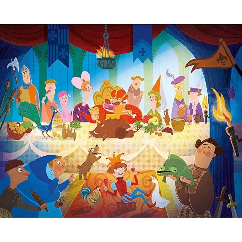 Illustrazione puzzle: tavola rotonda con personaggi, cibo e bevande. Il re è seduto in testa. Vari personaggi e animali.