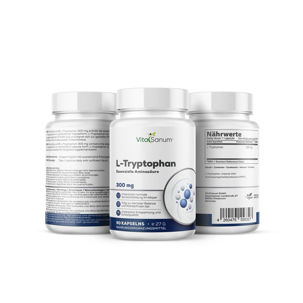 Tre flaconi bianchi VitaSanum L-Triptofano. Scritta: 300 mg, 90 capsule. Etichette blu e bianche con informazioni.