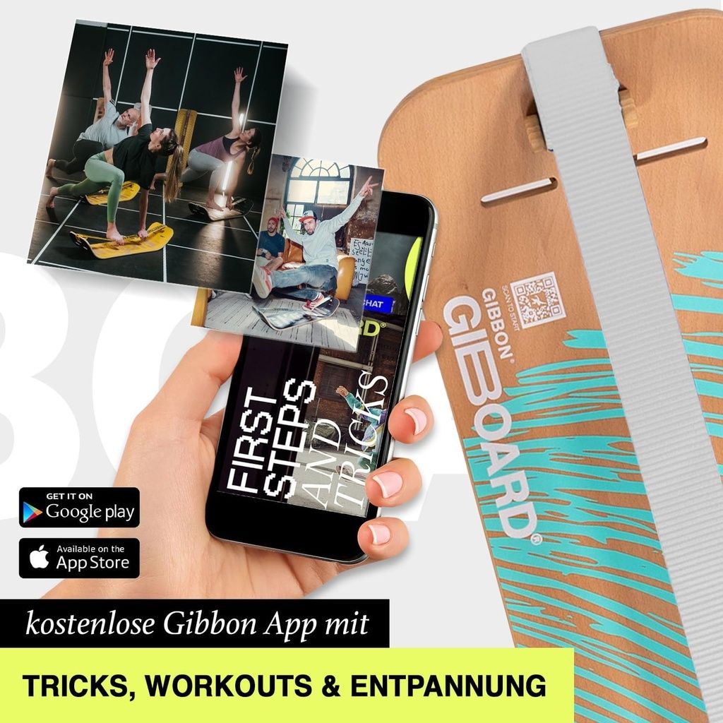 GIBOARD SET - ZEN BLUE con smartphone che mostra l'app Gibbon con esercizi e trucchi.