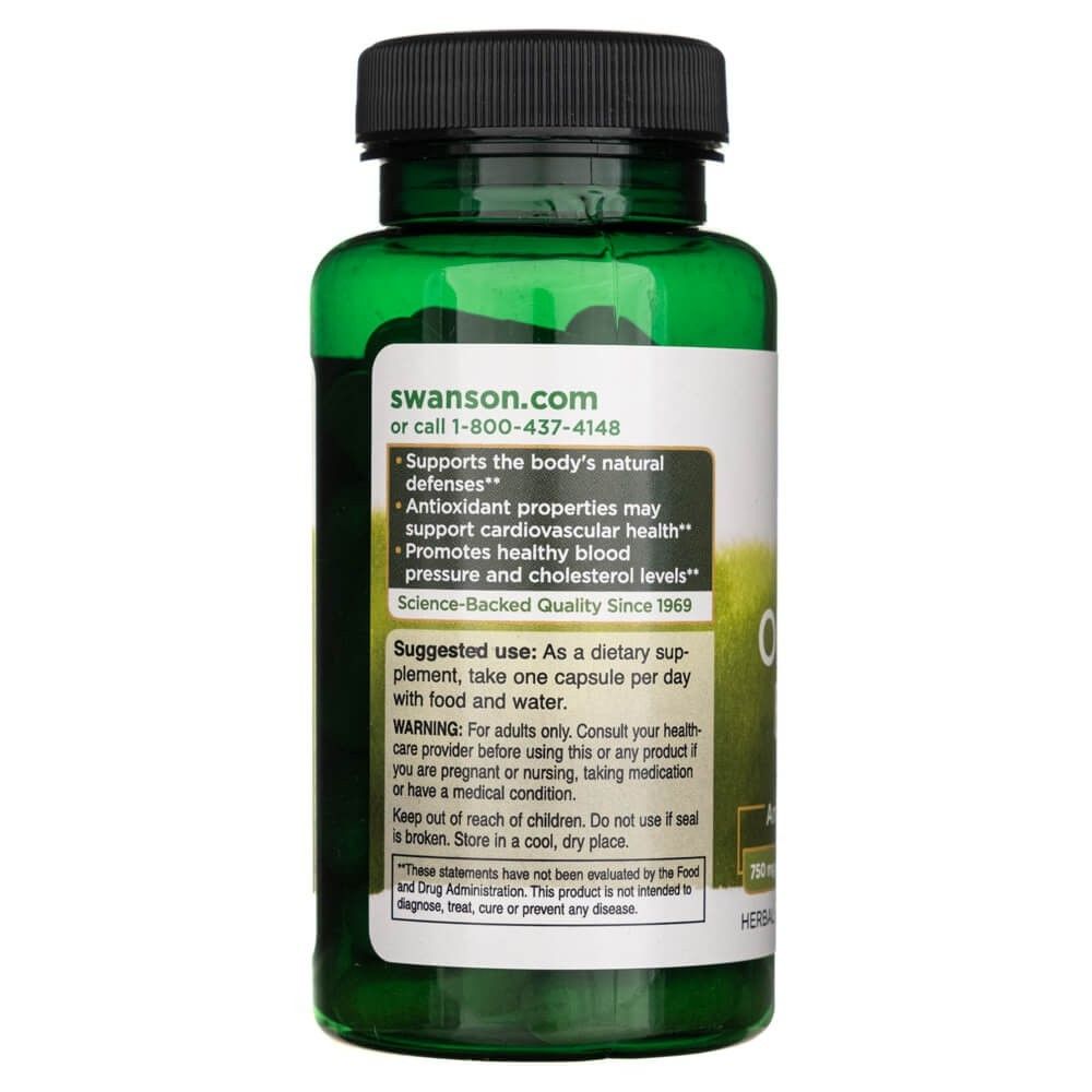 Retro di un flacone verde SWANSON Estratto di Foglie di Ulivo con benefici del prodotto e avvertenze.