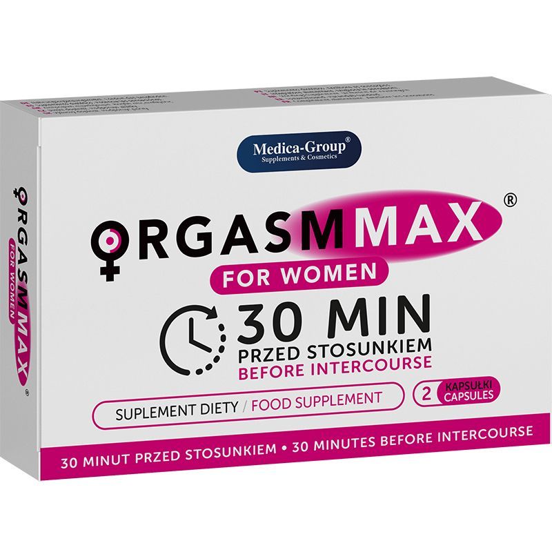 Confezione di Orgasm Max per donne, 2 capsule, integratore alimentare per la libido.