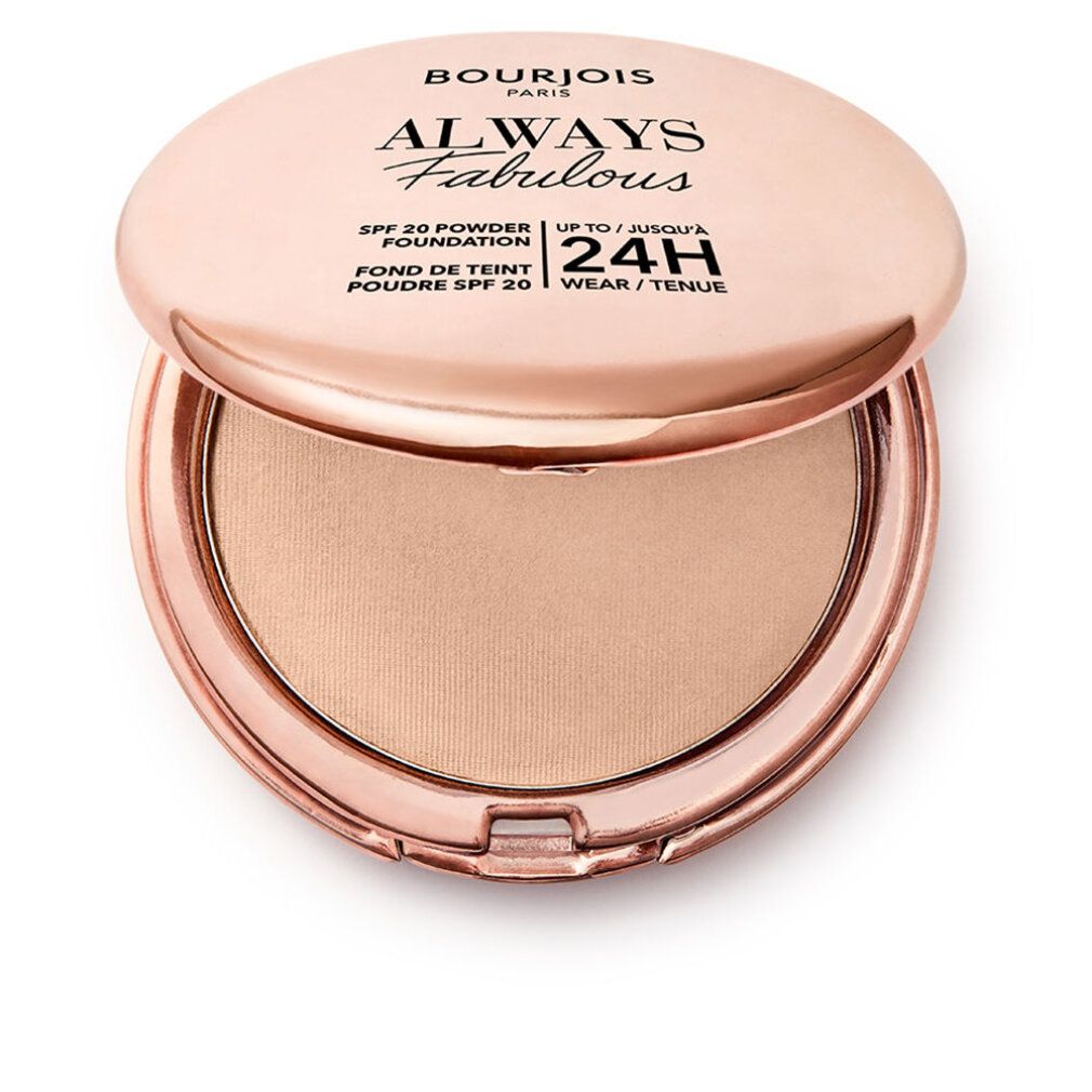 Cipria compatta Bourjois Always Fabulous. Astuccio rotondo rosa dorato aperto. Polvere chiara visibile. Scritta SPF 20 e 24H.