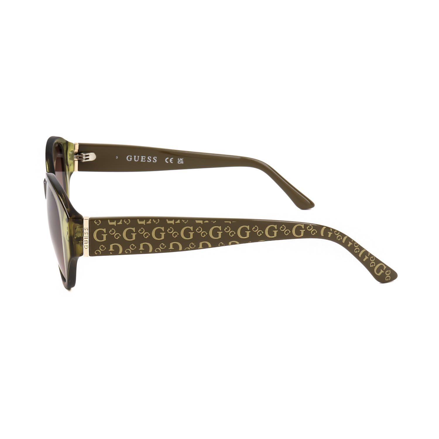 Occhiali da sole GUESS marroni con motivo a G ripetuto sulle aste e logo GUESS.