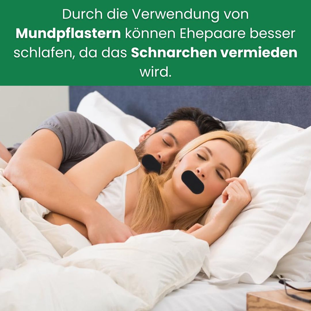 Coppia che dorme con cerotti orali. Testo: Grazie ai cerotti orali, le coppie possono dormire meglio, poiché si evita il russare.