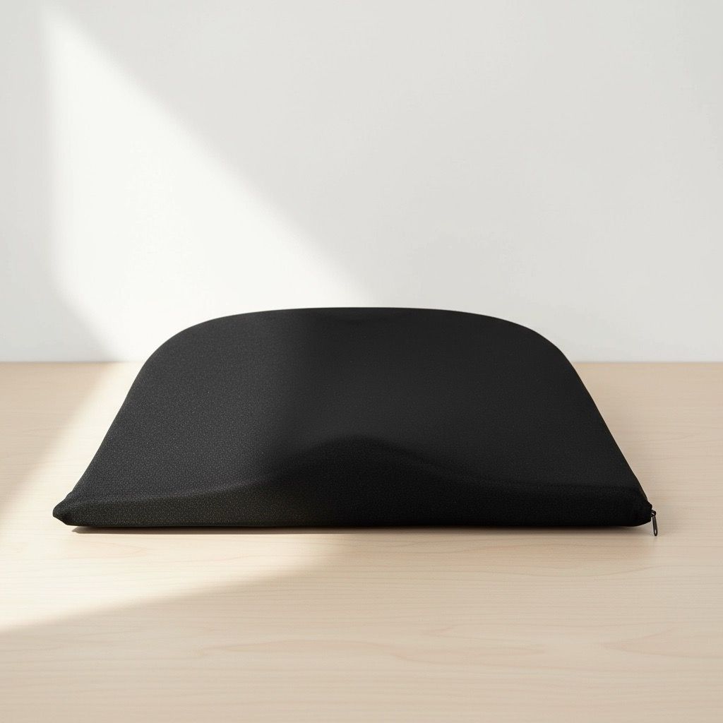 Cuscino per seduta nero a forma di cuneo. Parte superiore arrotondata, inferiore piatta. Rivestimento in tessuto.