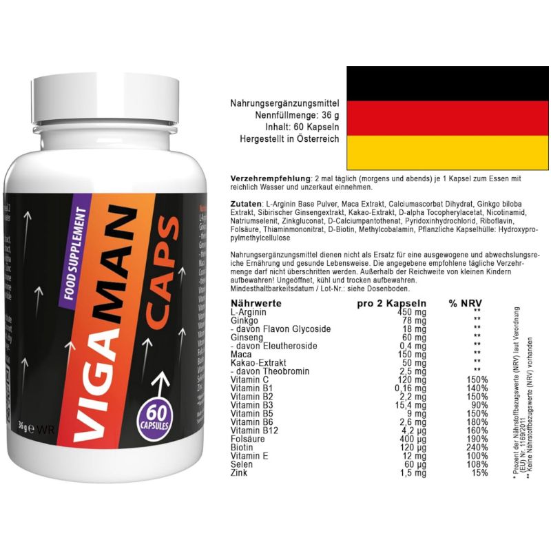 Flacone bianco con etichetta. VIGAMAN CAPS, 60 capsule. Informazioni aggiuntive, tabella nutrizionale, bandiera tedesca.