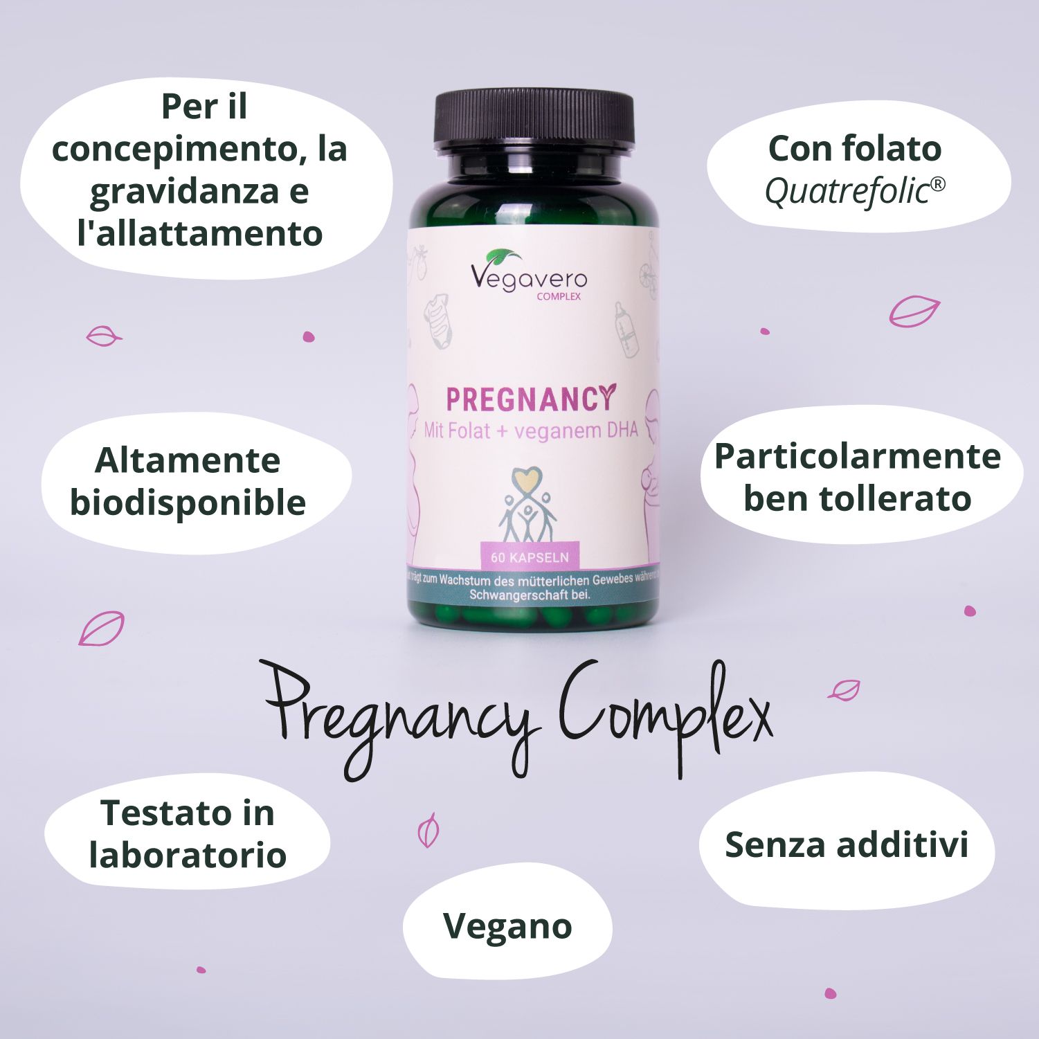 Flacone del prodotto con scritta Pregnancy. Ulteriori informazioni in cerchi.