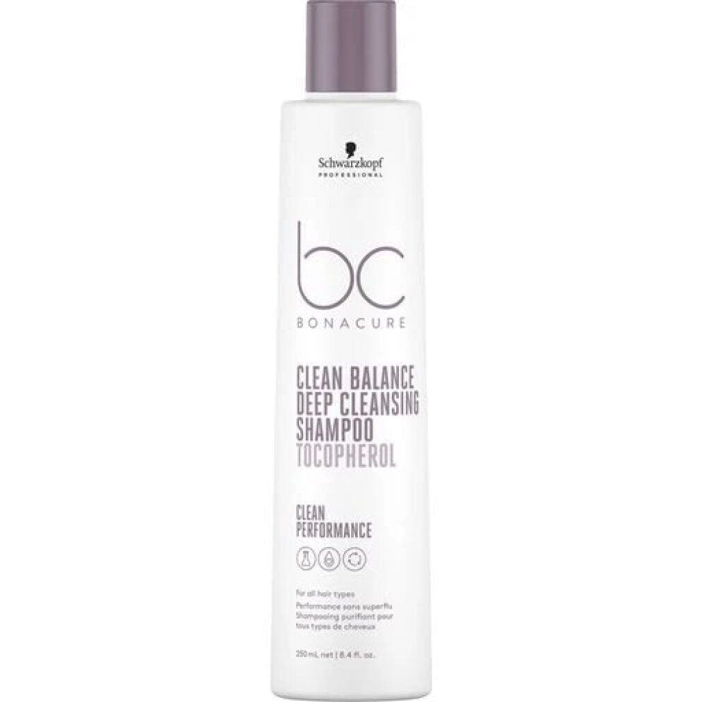 Flacone di shampoo bianco con tappo viola. Scritta: BC Bonacure Clean Balance Deep Cleansing Shampoo.