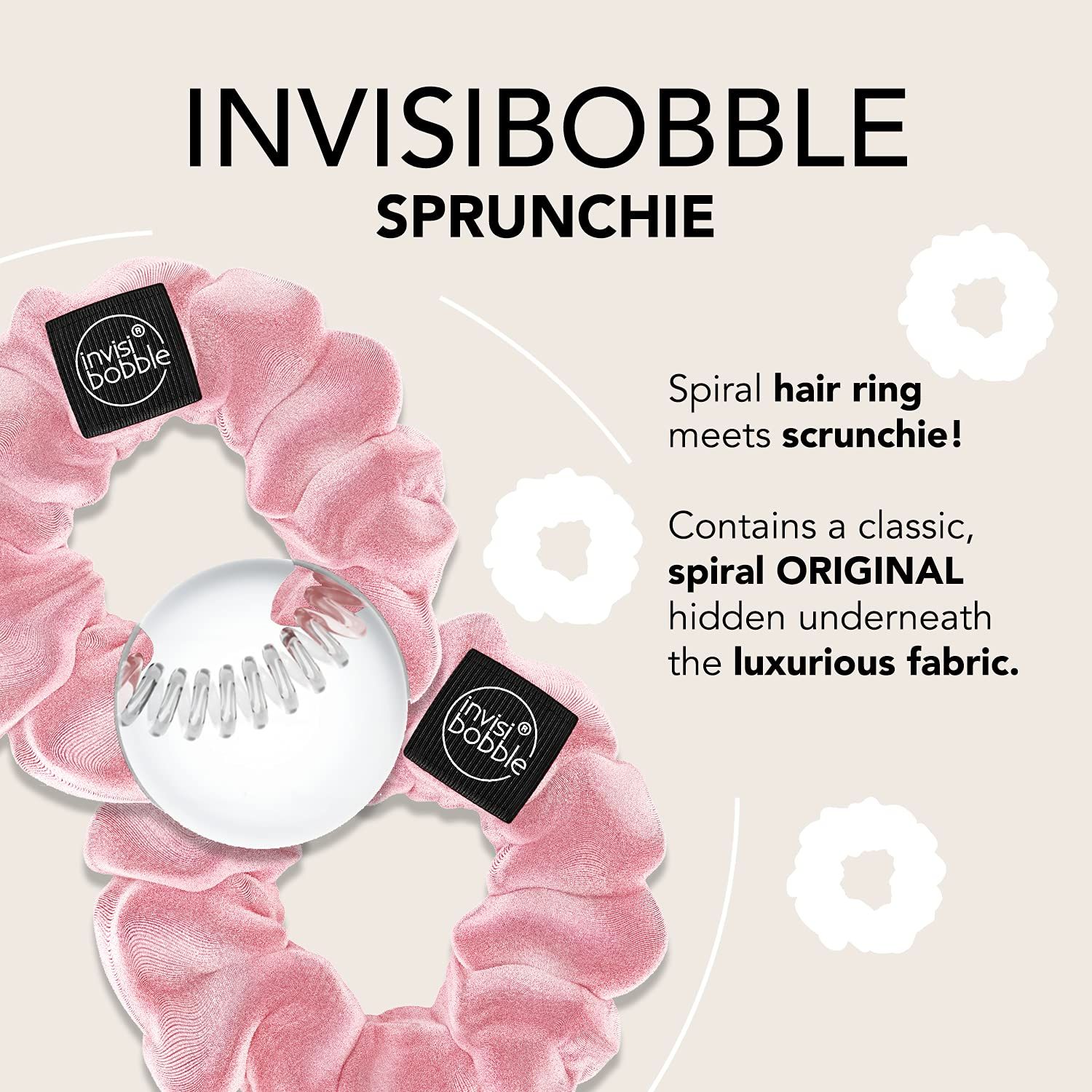 Due scrunchies rosa. Etichetta nera con logo. Testo: "Spiral hair ring meets scrunchie!" e "spiral ORIGINAL".