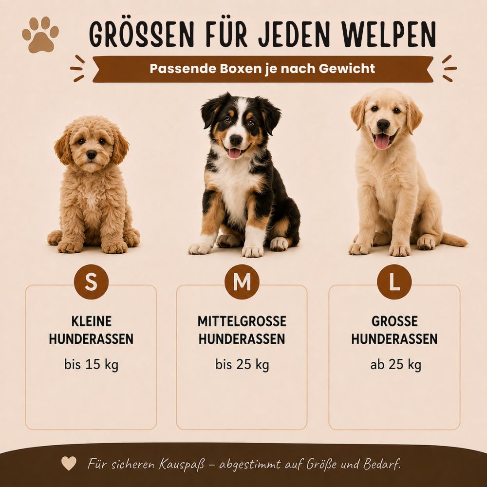 Taglie per ogni cucciolo: S (razze piccole fino a 15kg), M (razze medie fino a 25kg), L (razze grandi da 25kg).