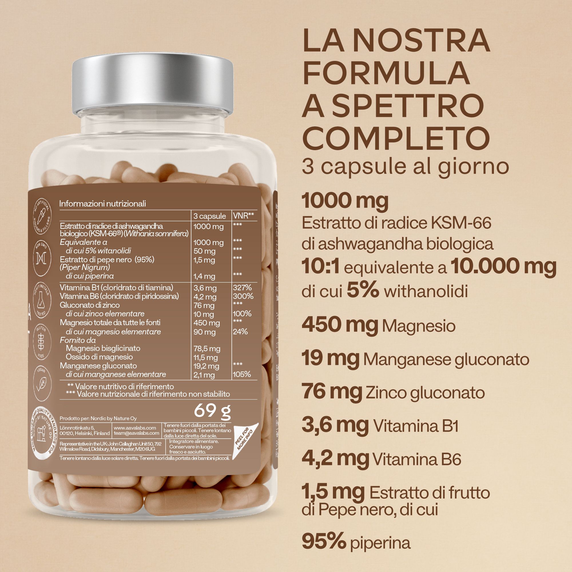 Informazioni nutrizionali su sfondo marrone. Scritta: 1000 mg Bio-Ashwagandha, 450 mg magnesio, 120 capsule.