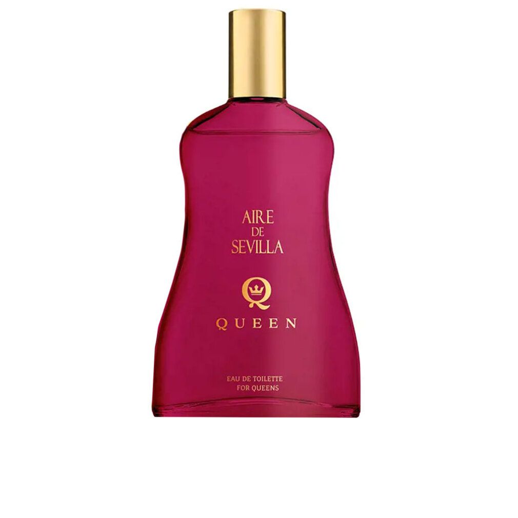 Flacone rosa con tappo dorato. Scritta AIRE DE SEVILLA QUEEN. Flacone dalla forma curva.
