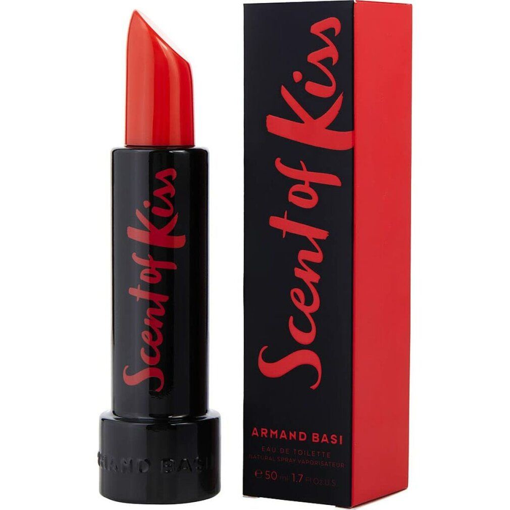 Rossetto nero con punta rossa e confezione rossa. Scritta "Scent of Kiss". "Armand Basi" e dettagli prodotto.