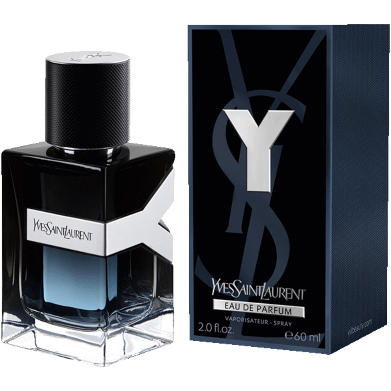 Yves Saint Laurent Y Men EdP Vapo. Flacone e confezione. Flacone nero, etichetta bianca. Confezione nera con logo Y bianco. 2.0 fl.oz. / 60ml.