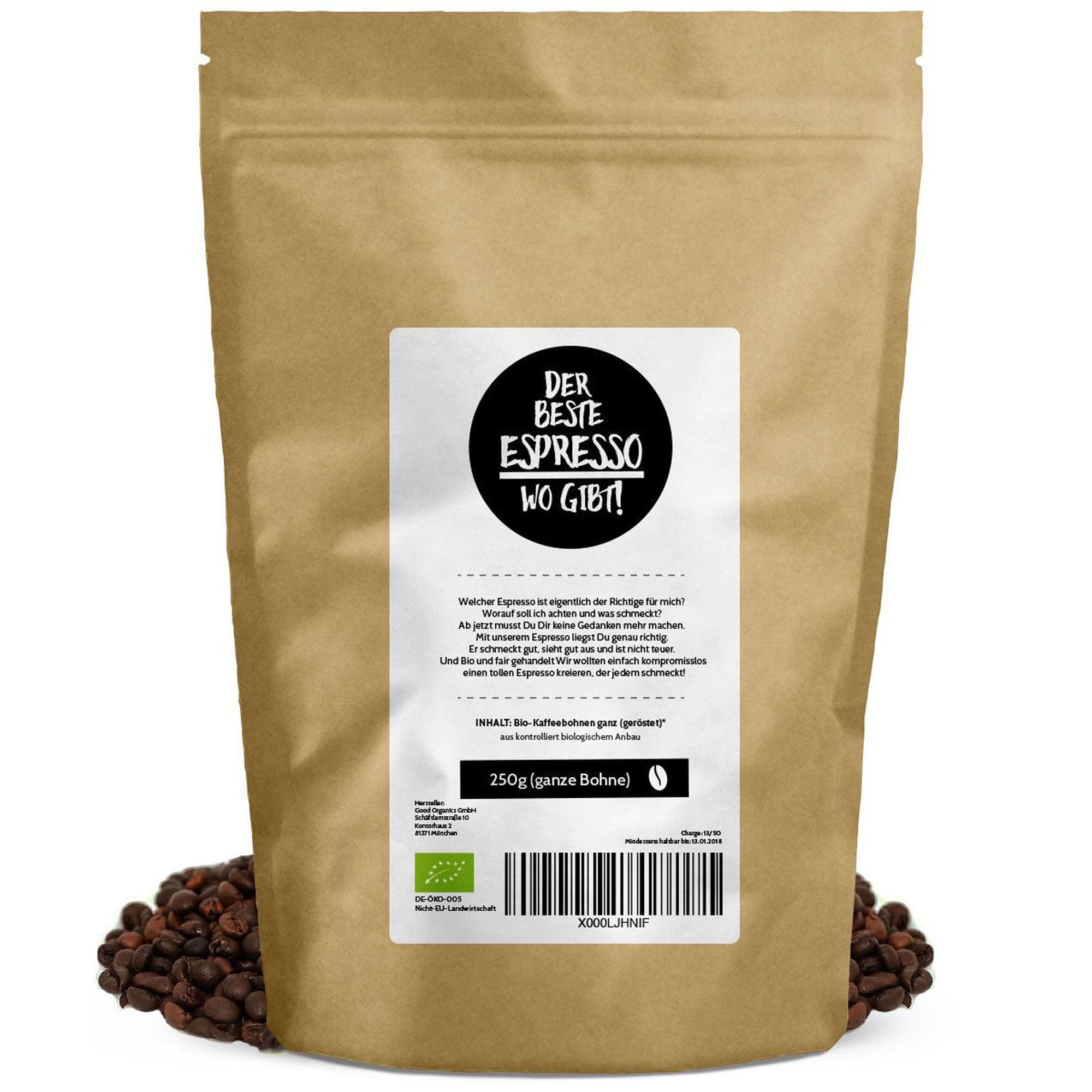 Sacchetto marrone con adesivo nero: DER BESTE ESPRESSO WO GIBT! 250g (chicco intero). Sigillo biologico e chicchi di caffè.